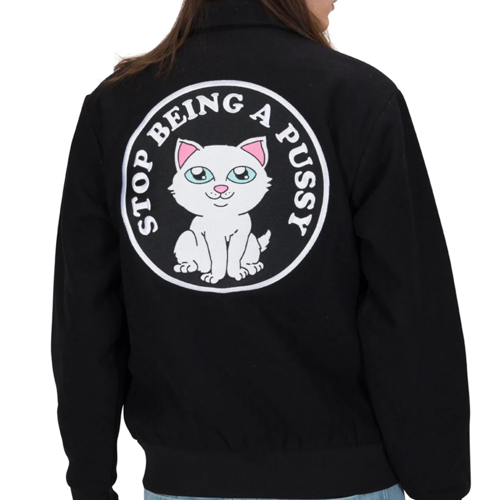 Stop Being A Pussy Varsity Jacket (Black)<Ripndip Shop